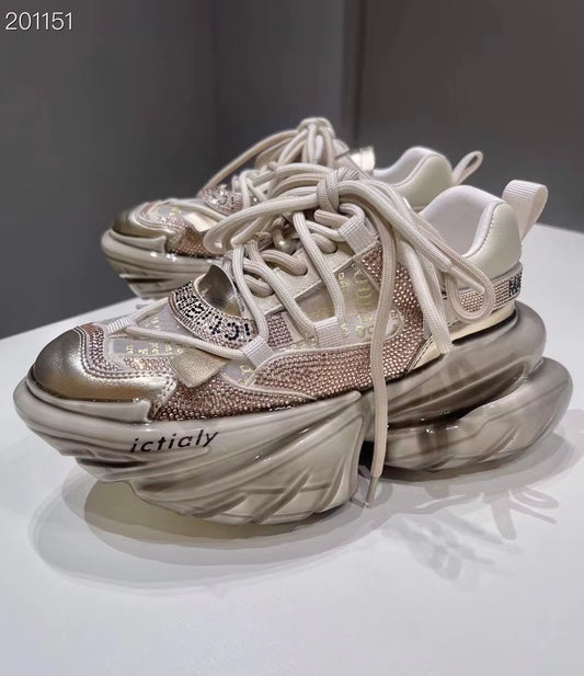 Women High Heels Platform Mesh Shoes Crystal Fashion Luxury Designer Brand Chunky Sneakers Spring Summer Korean Style Casual Ins