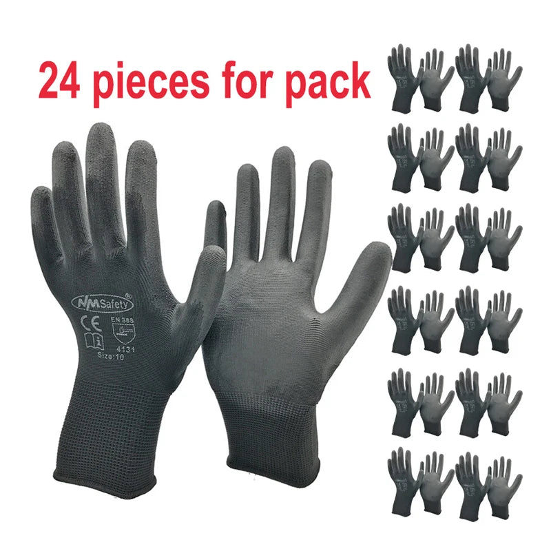 24Pieces/12 Pairs Safety Working Gloves Black Pu Nylon Cotton Glove Industrial Protective Work Gloves  Brand Supplier
