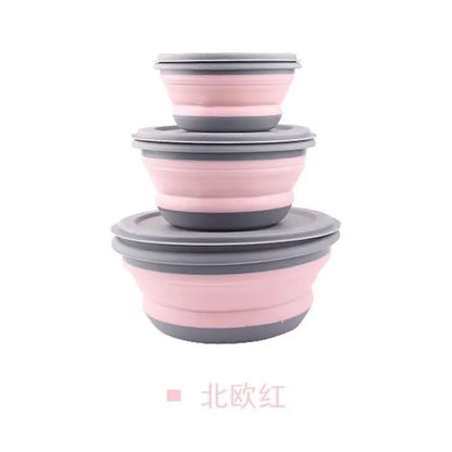Portable Folding Lunch Box Bowl Sets Silicone 3Pcs/Set Food Container Outdoor Camping Tableware Set Foldable Salad Bowl with Lid