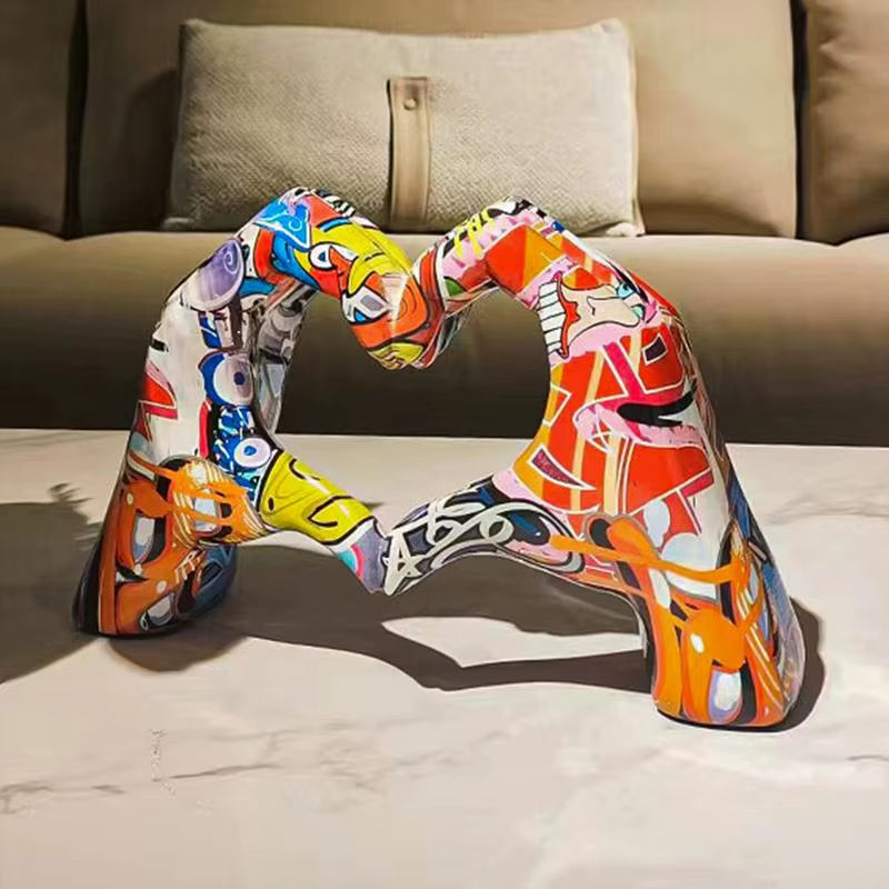 Graffiti Love Heart Gesture Statue Colorful Art Sculpture Home Living Room Desktop Resin Crafts Valentine'S Day Decoration Gifts