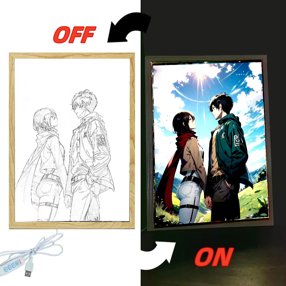 Attack on Titan Anime Figure Light Painting Photo Frame Levi Mikasa Action Collection Led Night Light Christmas 2024 Kids Gifts