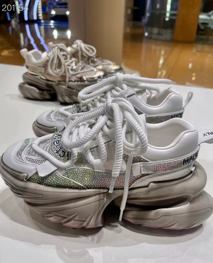 Women High Heels Platform Mesh Shoes Crystal Fashion Luxury Designer Brand Chunky Sneakers Spring Summer Korean Style Casual Ins