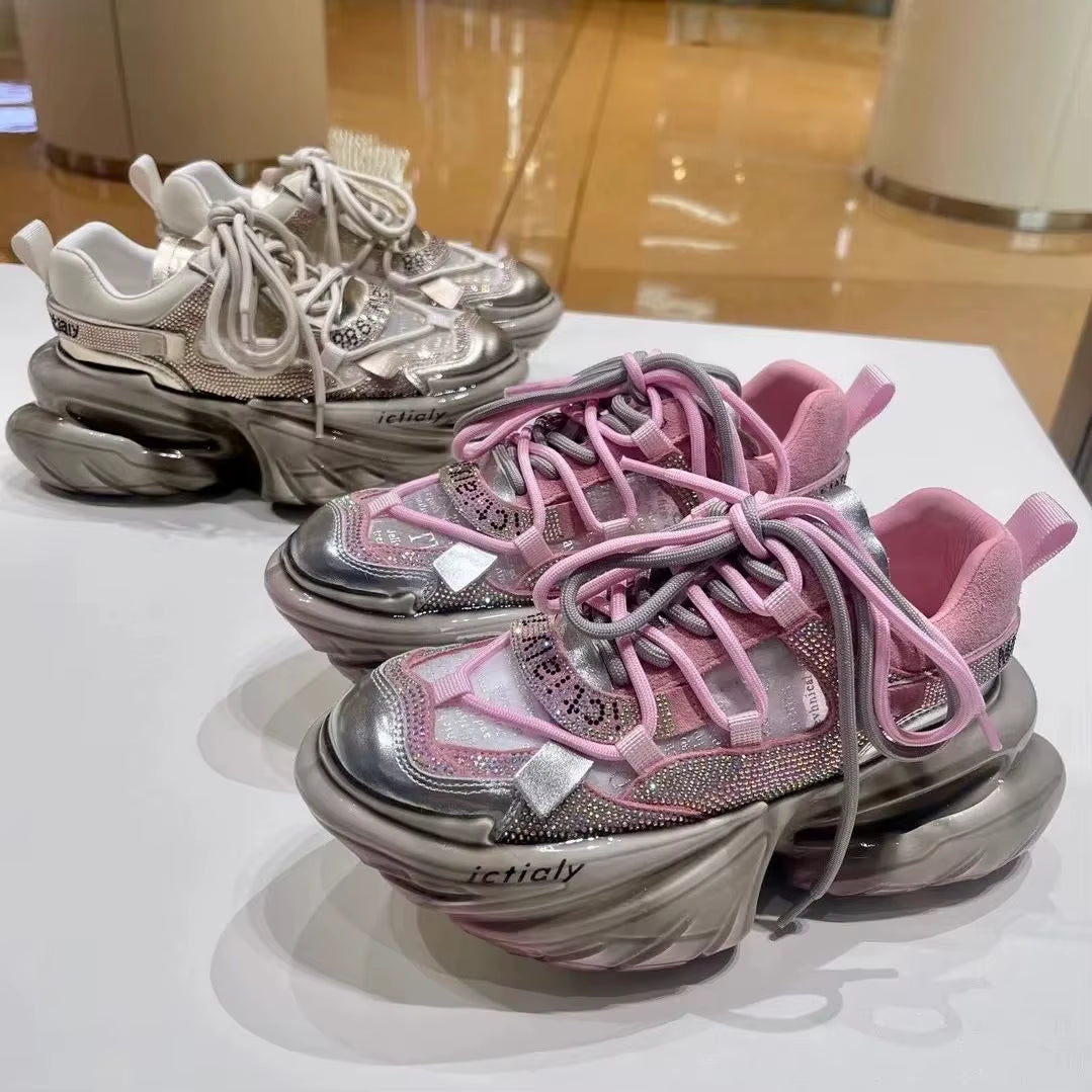 Women High Heels Platform Mesh Shoes Crystal Fashion Luxury Designer Brand Chunky Sneakers Spring Summer Korean Style Casual Ins