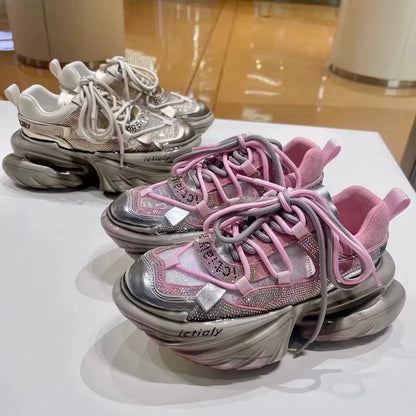 Women High Heels Platform Mesh Shoes Crystal Fashion Luxury Designer Brand Chunky Sneakers Spring Summer Korean Style Casual Ins