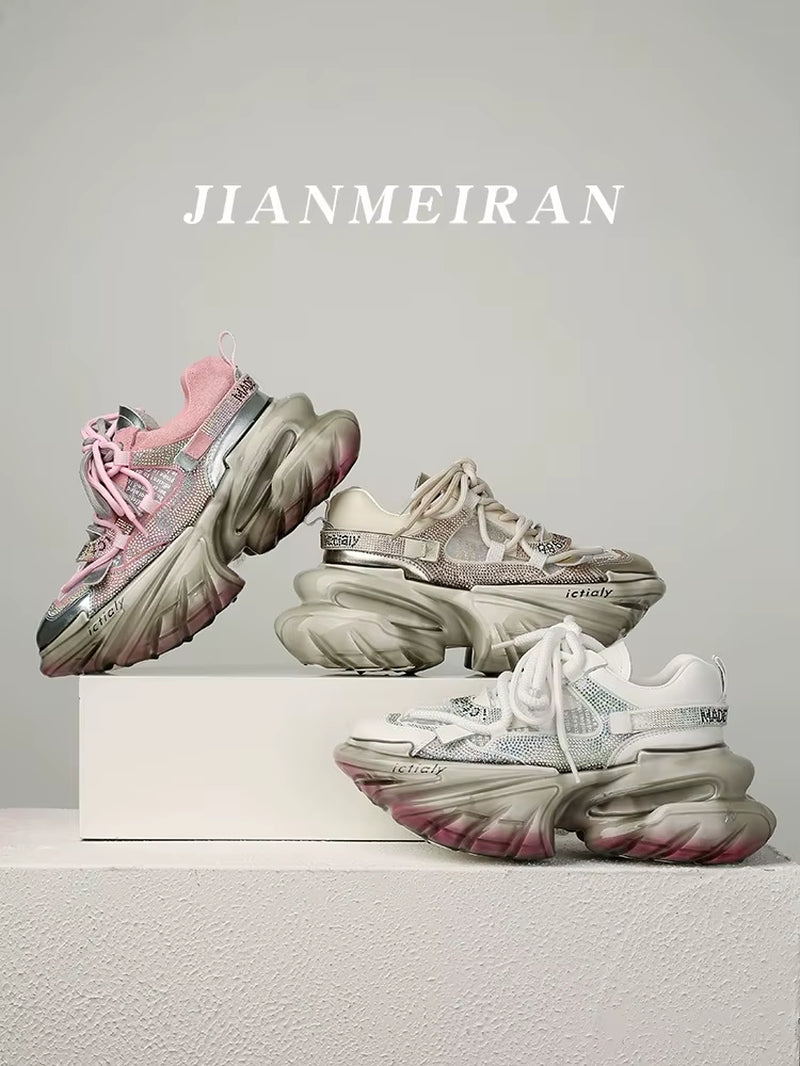 Women High Heels Platform Mesh Shoes Crystal Fashion Luxury Designer Brand Chunky Sneakers Spring Summer Korean Style Casual Ins