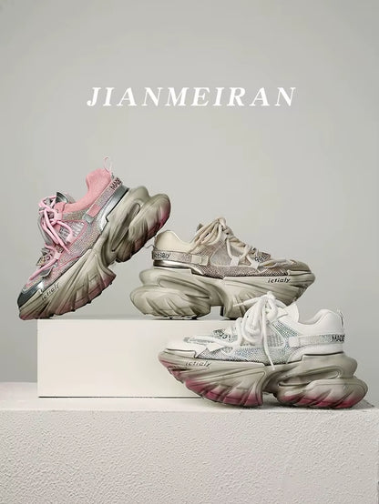 Women High Heels Platform Mesh Shoes Crystal Fashion Luxury Designer Brand Chunky Sneakers Spring Summer Korean Style Casual Ins