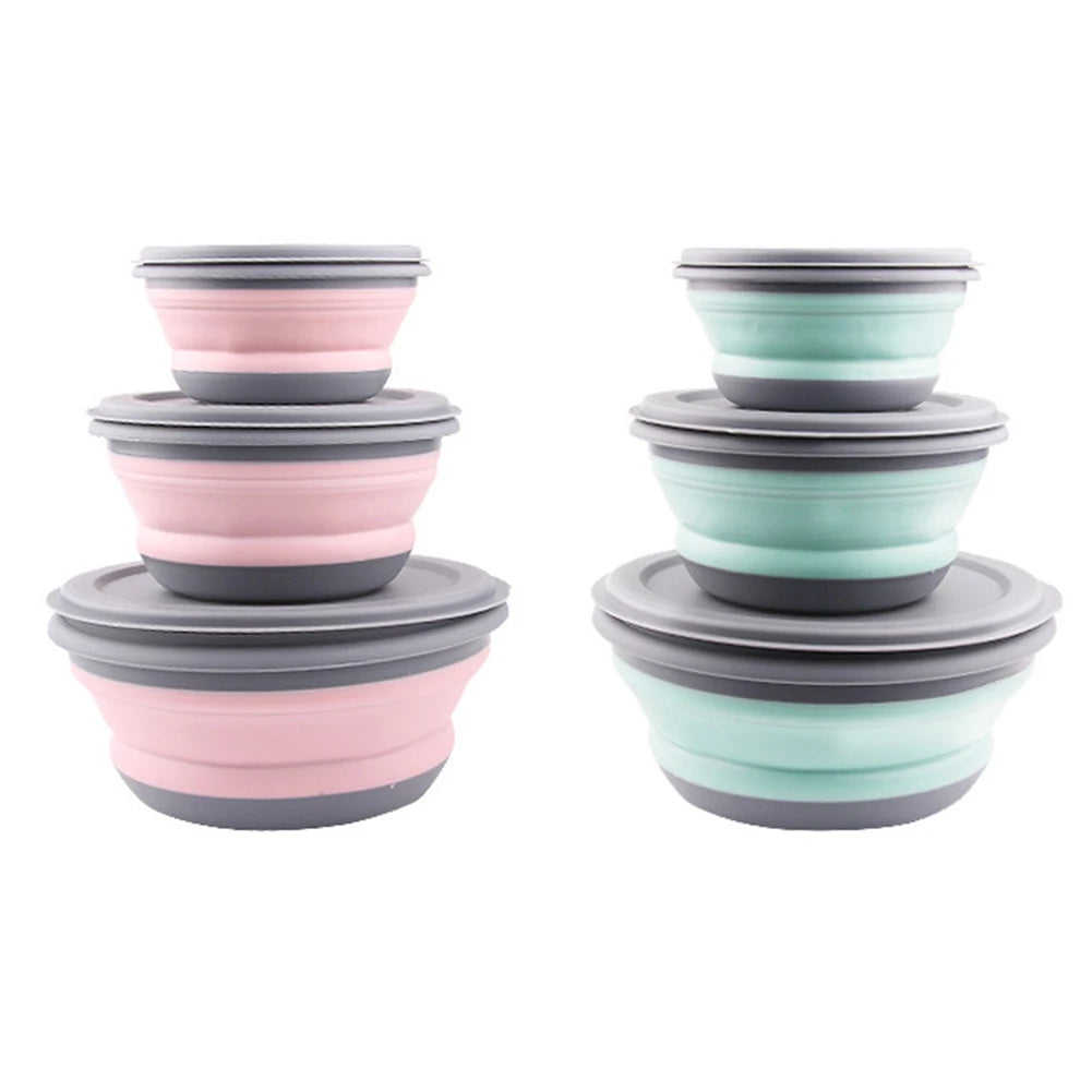 Portable Folding Lunch Box Bowl Sets Silicone 3Pcs/Set Food Container Outdoor Camping Tableware Set Foldable Salad Bowl with Lid