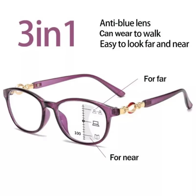 New 3 in 1 Progressive Multifocal Reading Glasses for Women Anti-Blue Eyeglasses Easy to Look Far and near +1.0 to +4.0