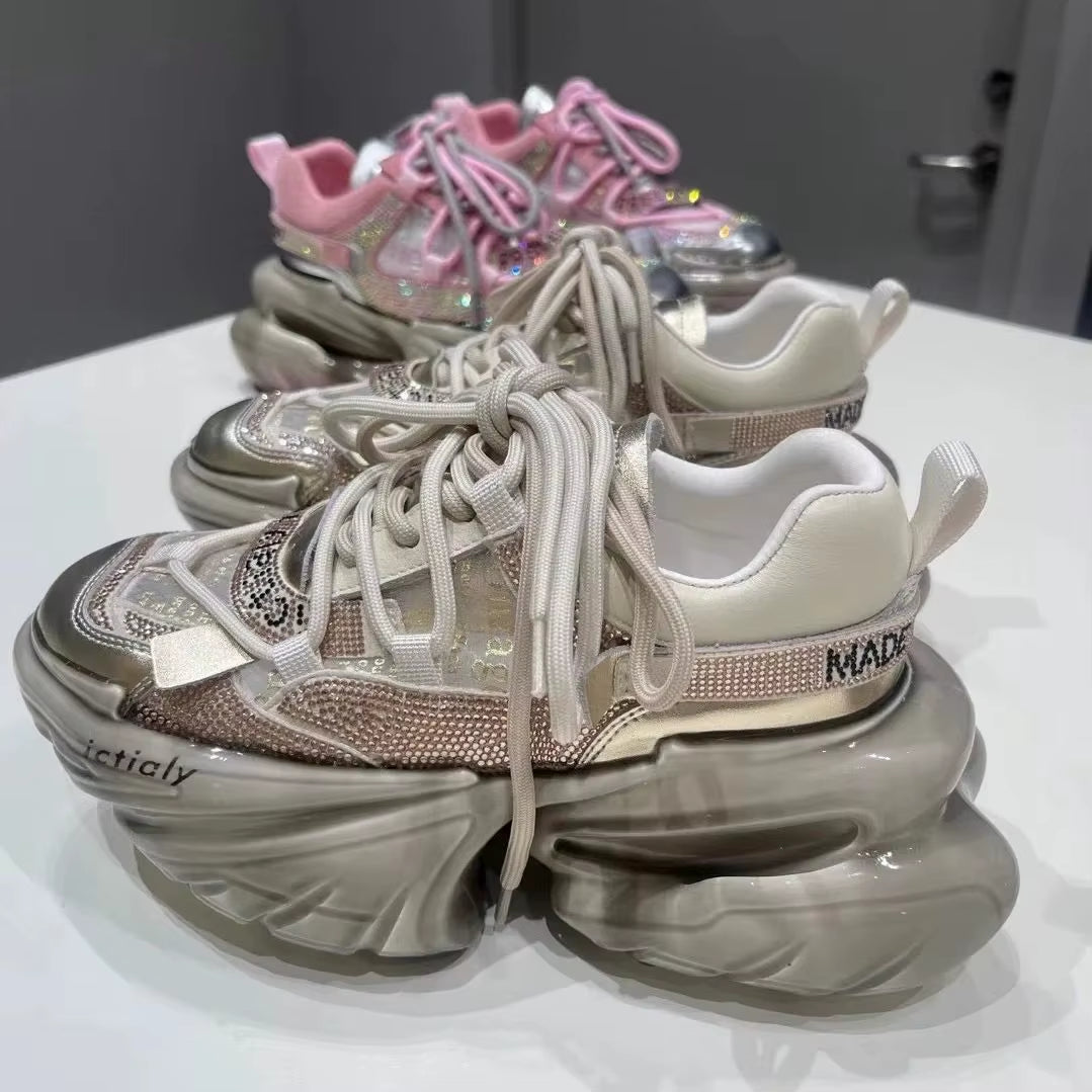Women High Heels Platform Mesh Shoes Crystal Fashion Luxury Designer Brand Chunky Sneakers Spring Summer Korean Style Casual Ins