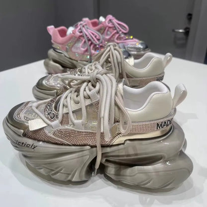 Women High Heels Platform Mesh Shoes Crystal Fashion Luxury Designer Brand Chunky Sneakers Spring Summer Korean Style Casual Ins